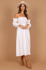 Domenica Shirred Long Sleeve Midi Dress - White
